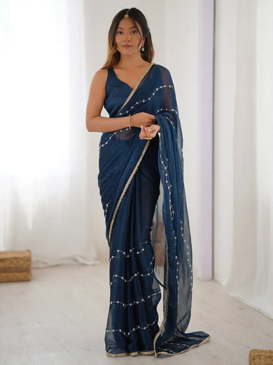 Stunning Blue Chiffon Sequins Saree With Blouse - Ethnic Plus In